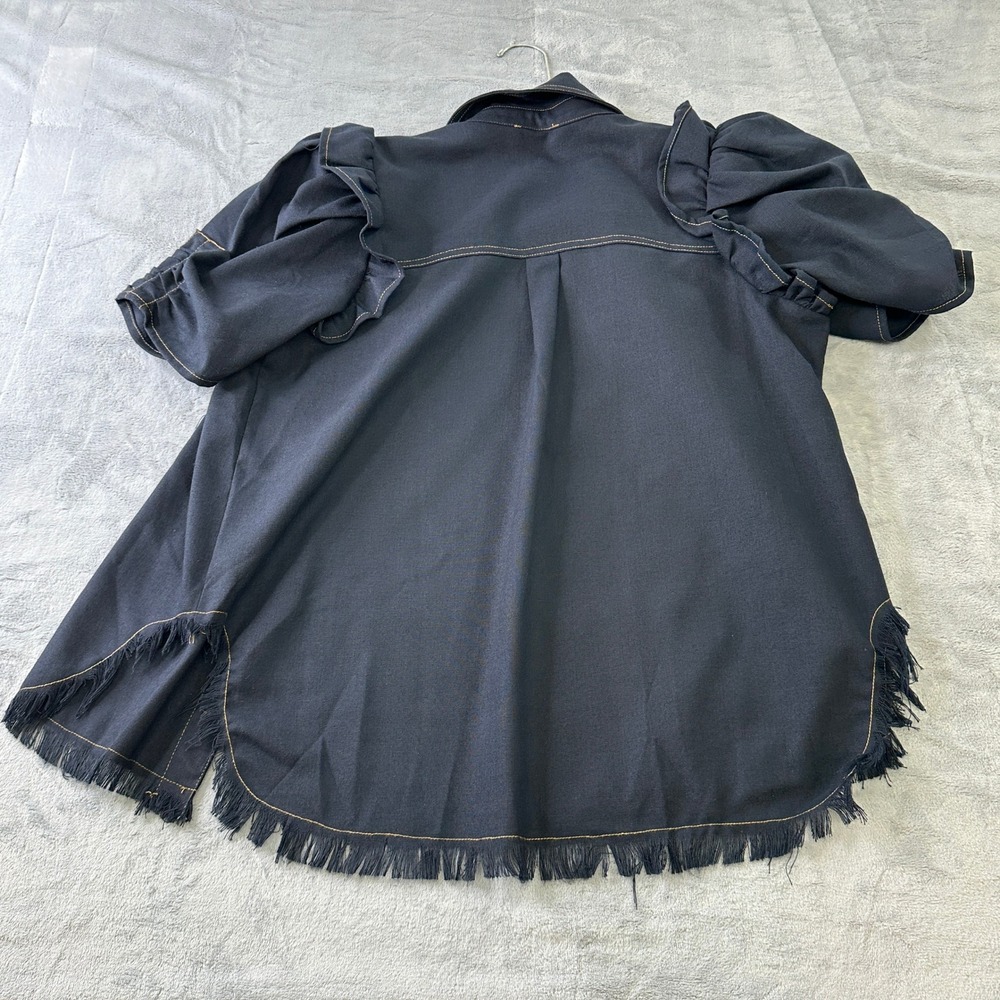 NWT GIGIO USA Navy Linen Blend Puff Sleeve Frayed Hem Button Down Shirt Small - Picture 4 of 8